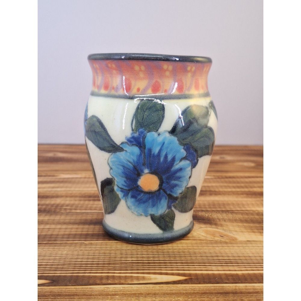 Vintage Ceramic Floral Small Flower Vase Glazed Blue Red Green 4.25" Tall